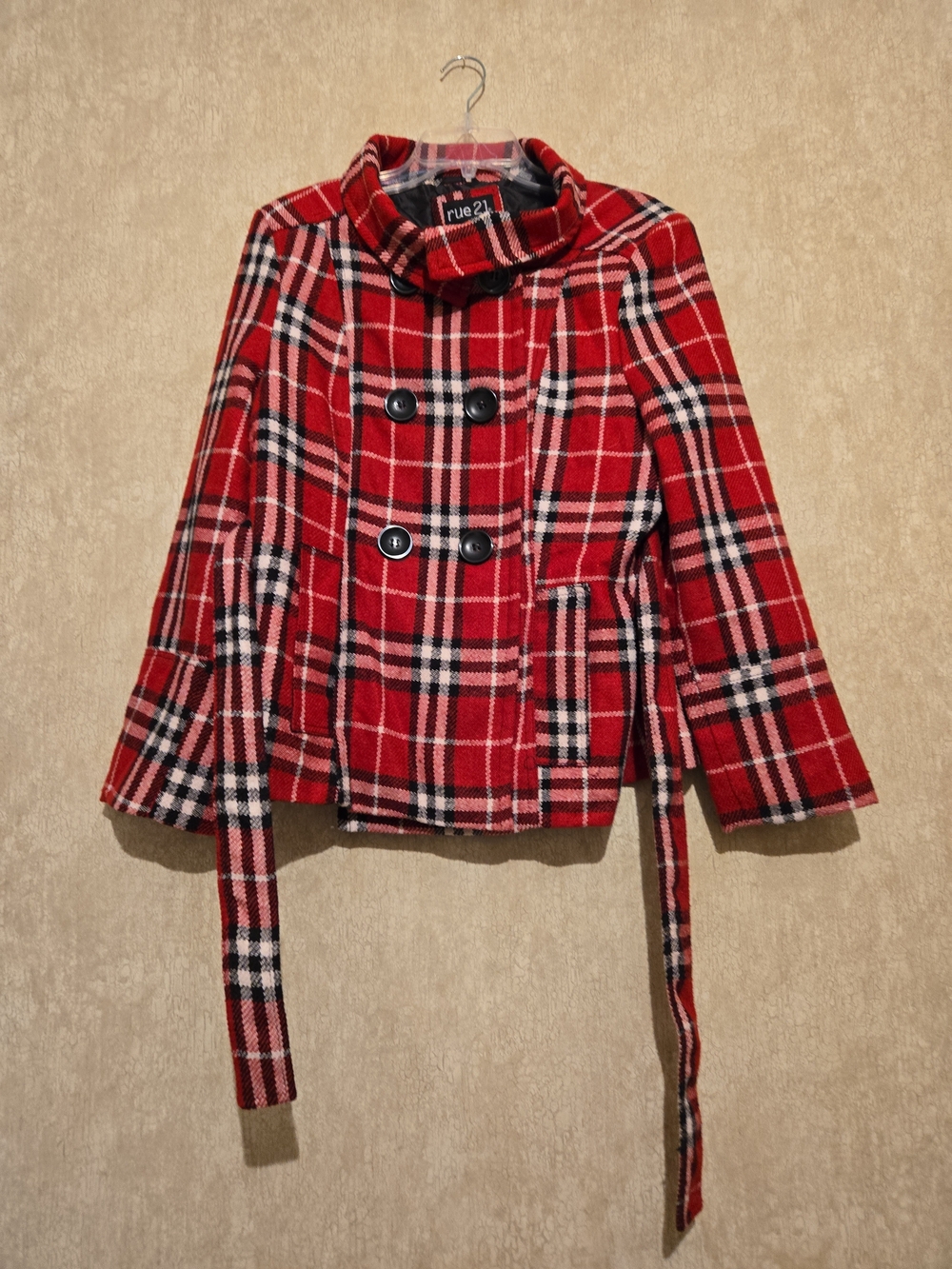 rue21 Red Plaid Double-Breasted Peacoat Jacket